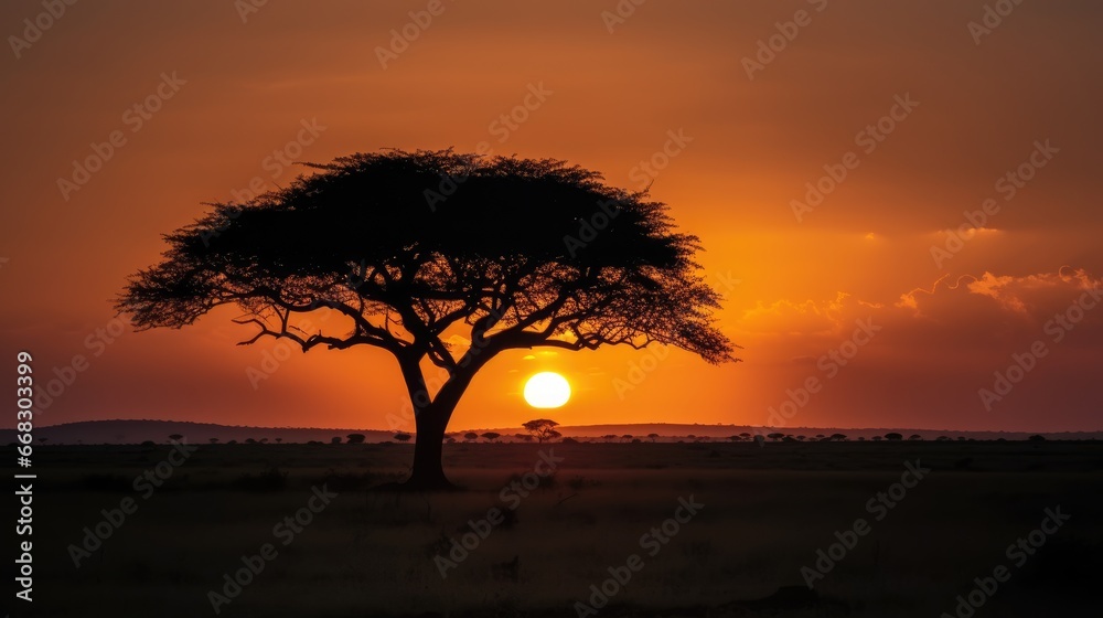 Panorama silhouette tree in africa with sunset. Tree silhouetted against a setting sun. Dark tree on open field dramatic sunrise Panorama silhouette tree in africa with sunset. Tree silhouetted against a setting sun. Dark tree on open field dramatic sunrise