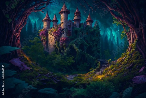 Illustration of Fairy tale Magical Abandoned Castle Fortress.