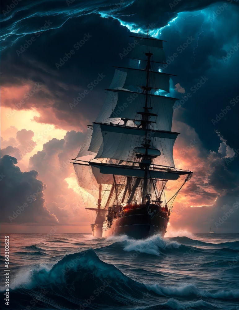 The Sail Ship is Heading Toward a Big Storm. Sailboat on the Sea with Storms and Big Waves. Old Sailing Ship Adrift in the Ocean on a Stormy Day. Ship at Sea. Sailboat on the Ocean.