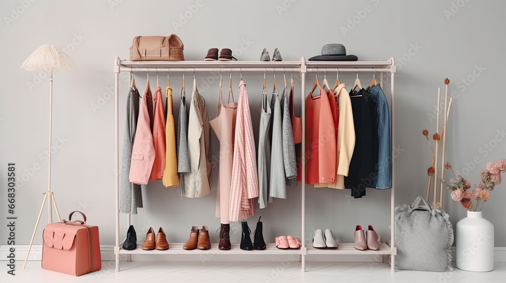  Rack with bright stylish clothes, shoes and accessories near light grey wall indoors, space for text