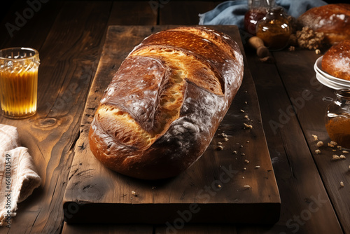 Ciabatta arranged on a classic wooden table. with elements
