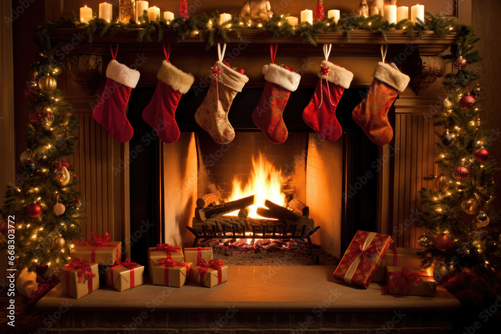 Festive red stockings are draped over the fireplace, whispering secrets of New Year's and Christmas gifts