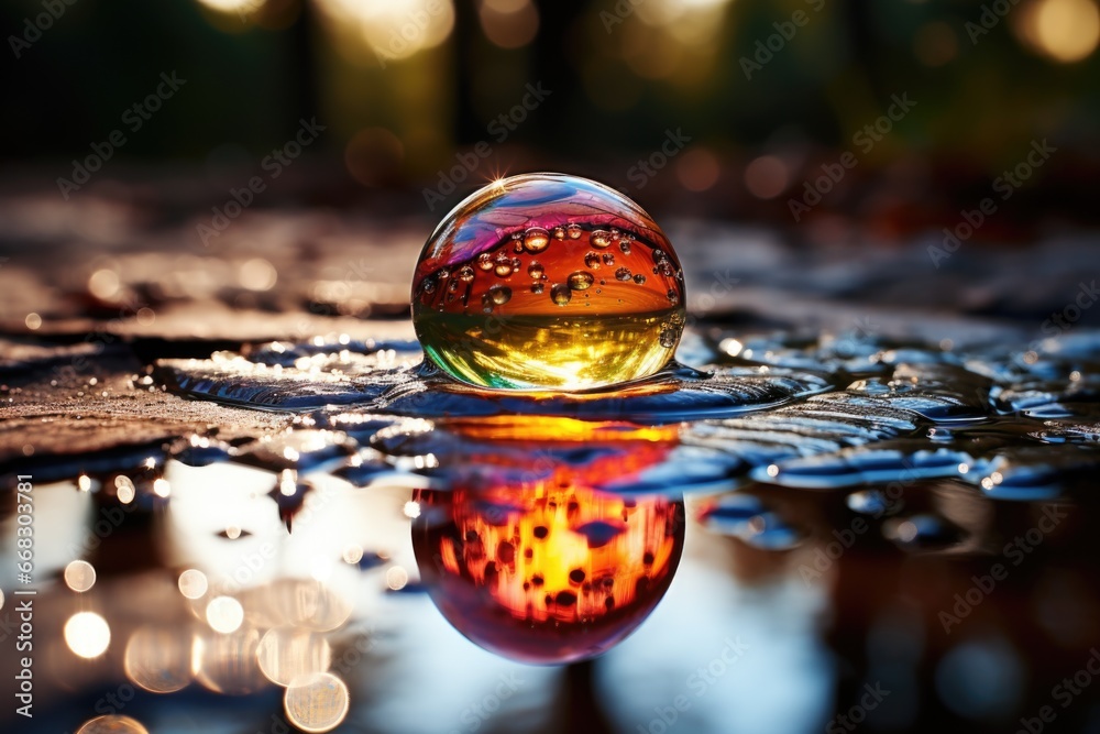 Side macro view of rainbow water drops in a puddle, abstract background. Generated by artificial intelligence Side macro view of rainbow water drops in a puddle, abstract background. Generated by artificial intelligence