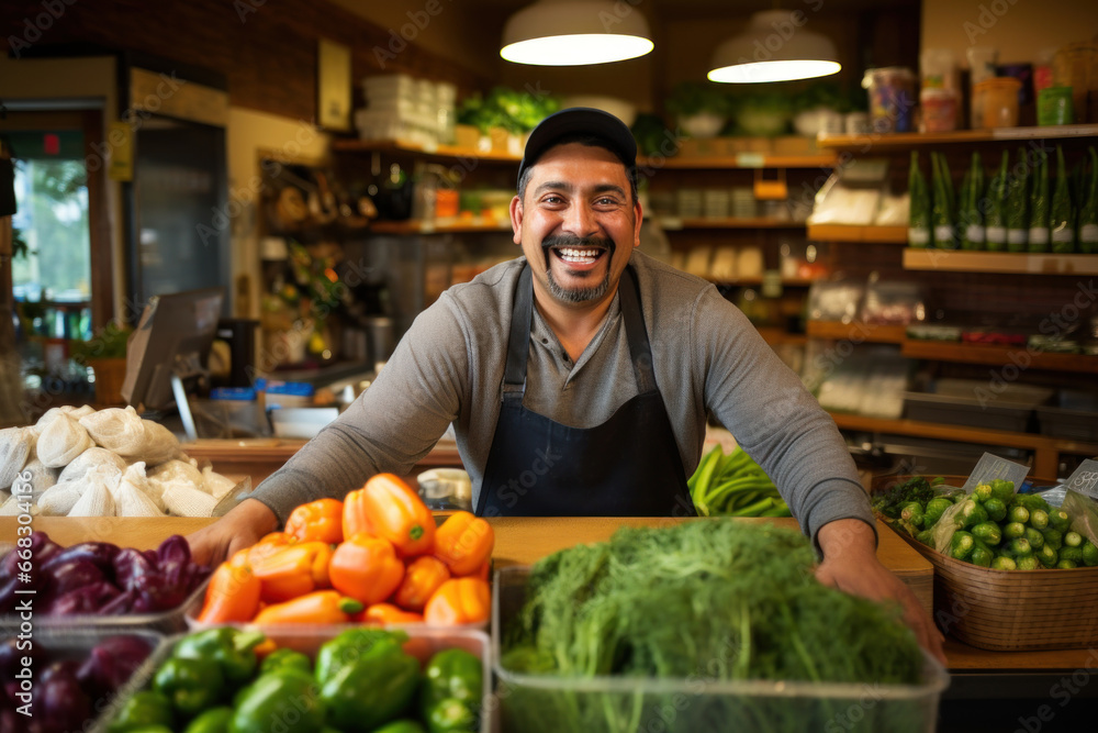 A satisfied vendor enjoys his work as he sells fresh produce to customers A satisfied vendor enjoys his work as he sells fresh produce to customers