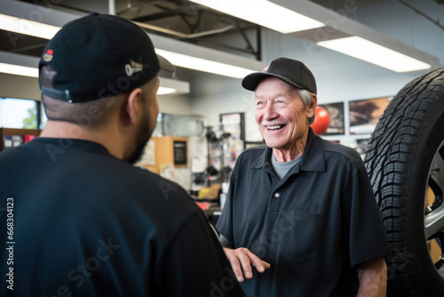 Two men, a seller and a buyer, discussing car parts in a car parts store