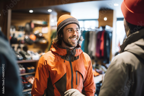 A welcoming gentleman beams with a friendly smile in a ski gear boutique, presenting the newest equipment and accessories photo