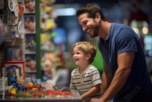 Young boy and his dad laughing in a toy store © Konstiantyn Zapylaie