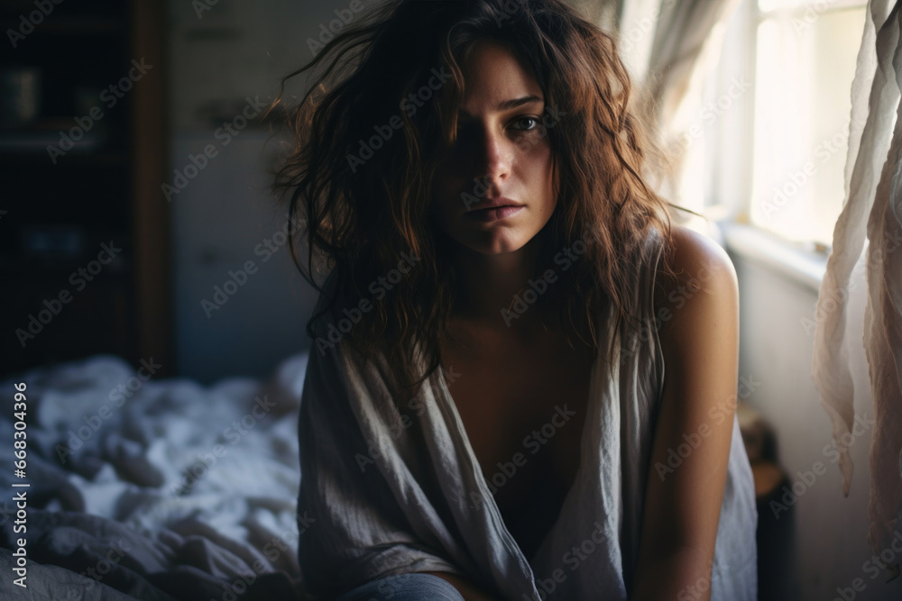 Reflecting on her emotions, a young woman sits near the window, bearing the weight of depression and coping with the challenges of her menstrual cycle Reflecting on her emotions, a young woman sits near the window, bearing the weight of depression and coping with the challenges of her menstrual cycle