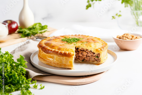 Tourtiere - meat pie on white table