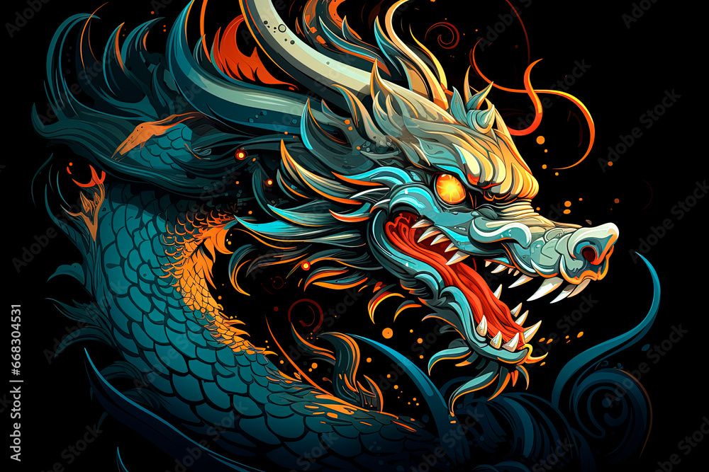 Fantasy dragon with glowing eyes on a black background. Symbol 2024. Generative AI