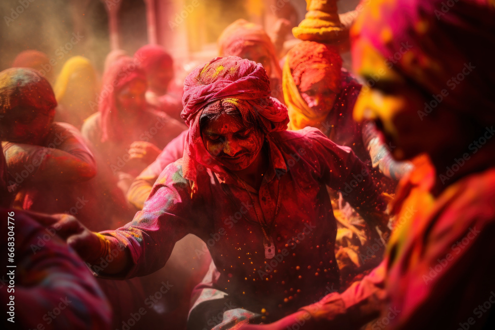 Indian festival of Holi: A vibrant scene at the festival with a multitude of people celebrating, covered in colorful powder paints