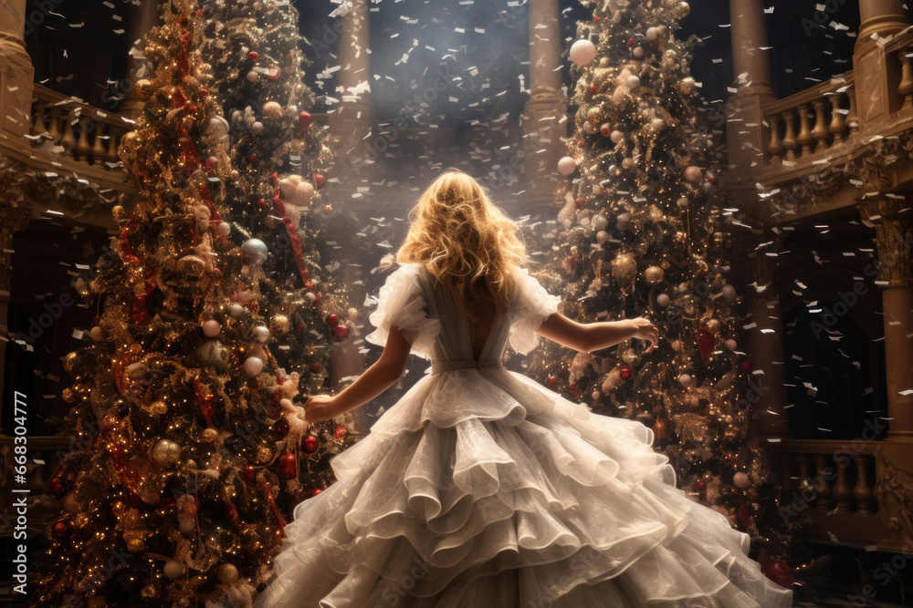 Embraced by the warmth of glowing lights, a woman in a festive white dress brings the magic of Christmas to life, turning the holiday fantasy into a mesmerizing experience. - obrazy, fototapety, plakaty 