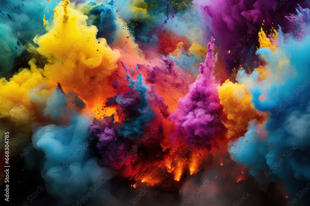Abstract background of colorful powder explosion splashes, creating a vibrant and dynamic visual display