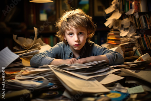 A serious-looking youngster studies amidst a cluttered table filled with books and documents
