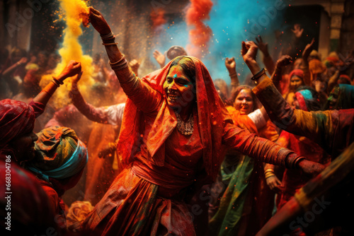 Holi celebration in India: A lively crowd immersed in the festivities, throwing and smearing vibrant colored powders in the air