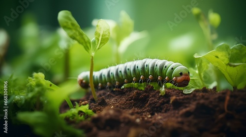 hairless caterpillar eating a leaf with plant background  © Ahmad