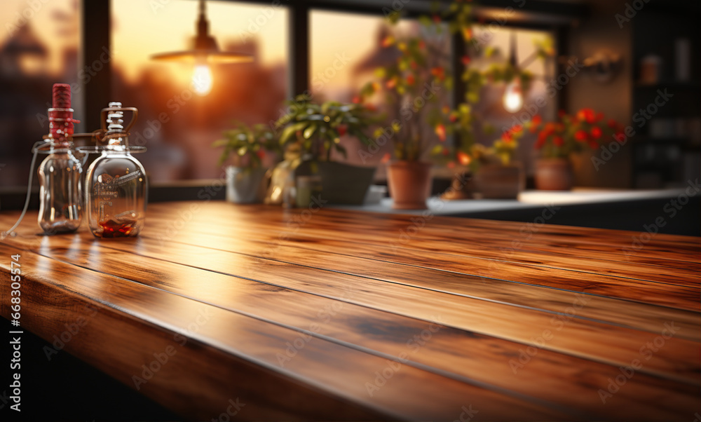 Empty brown wooden table and blur background. Created with Generative AI