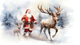 Simple watercolor Christmas painting of Santa Claus and reindeer