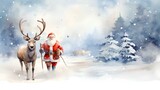 Simple watercolor Christmas painting of Santa Claus and reindeer