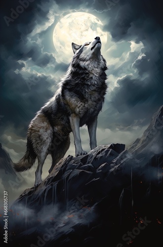 A wolf under a full moon. Great for stories of fantasy, wilderness, adventure, werewolf, RPG and more.  © ECrafts
