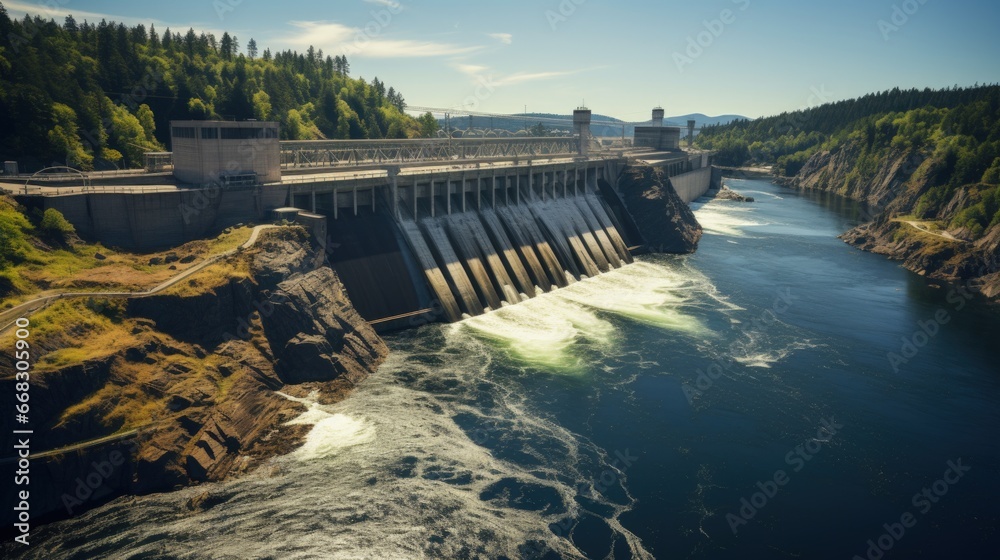 Hydroelectric dam and power plant. Generative AI - obrazy, fototapety, plakaty 
