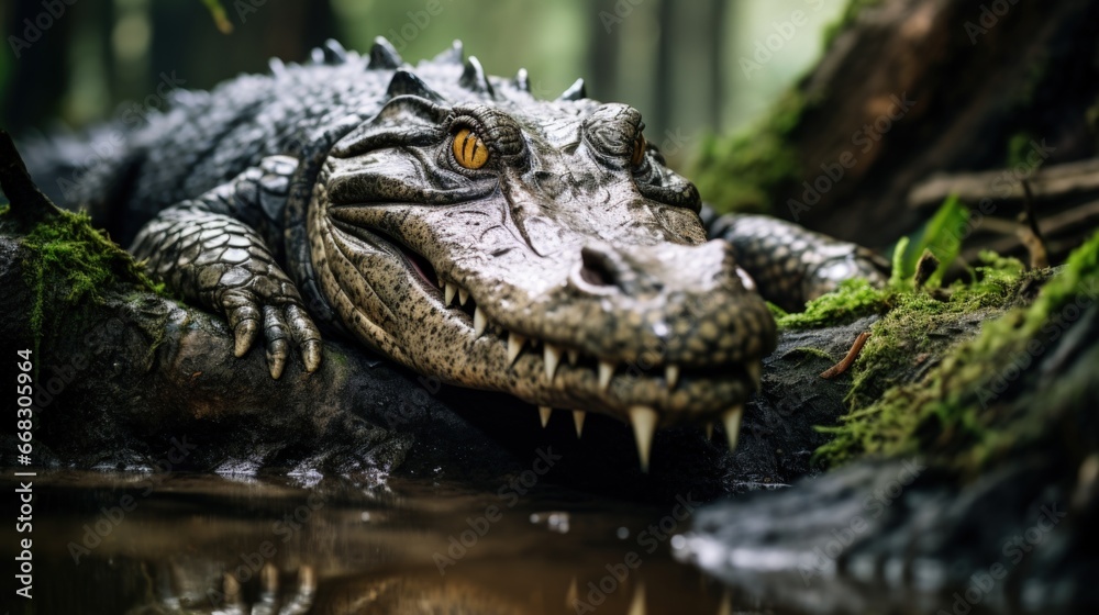 Large crocodile lying on riverbank, mouth open. Generative AI