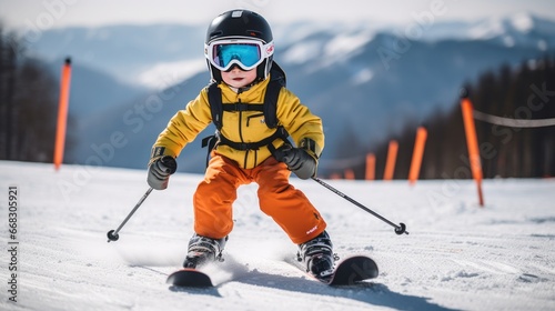 Small boy in equipment skiing downhill