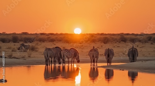  Zebras drinking at waterhole during sunset and sunrise. Etosha national park safari game drive in Namibia. 