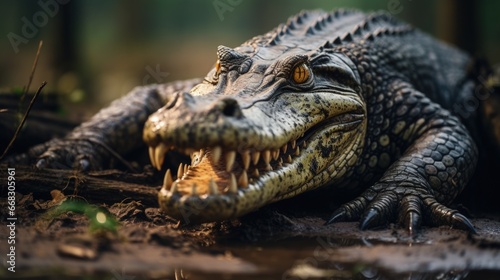 Large crocodile lying on riverbank  mouth open. Generative AI