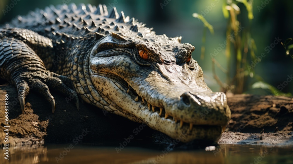 Impressive crocodile basking in hot sun on riverbank. Generative AI