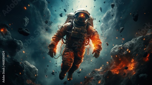 Astronaut in space suit floating near dazzling. Generative AI