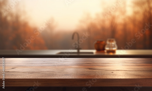 Empty brown wooden table and blur background. Created with Generative AI