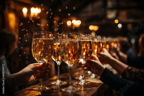 Group of people toasting with glasses of champagne or sparkling cider to celebrate new year