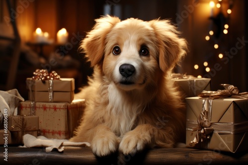 Golden retriever with christmas gift