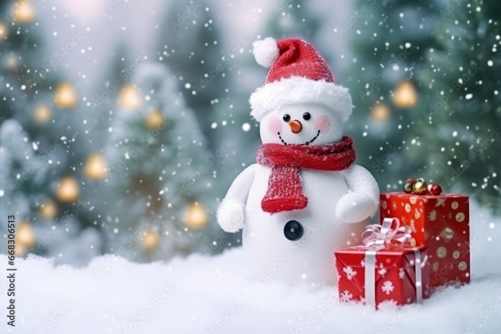 A Happy and Smiling Snowman with a Red Hat and Scarf Next to Red Wrapped Presents in a Winter Background	
