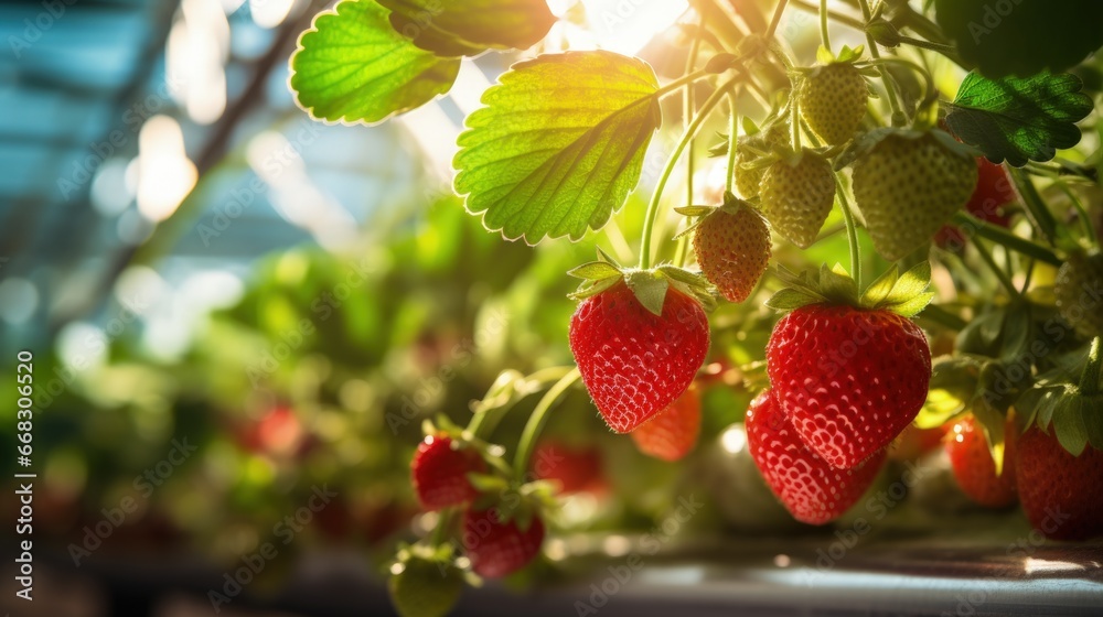 Juicy and ripe strawberries growing in high-tech greenhouse within farm. Generative AI - obrazy, fototapety, plakaty 