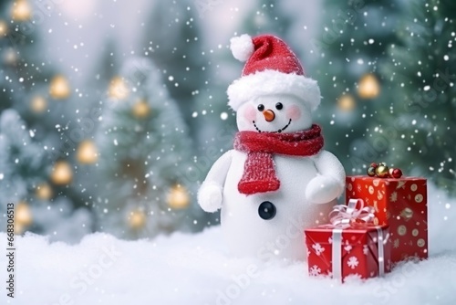 A Happy and Smiling Snowman with a Red Hat and Scarf Next to Red Wrapped Presents in a Winter Background   © mia.n_official