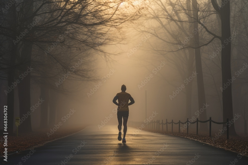 Athlete training for a marathon on a foggy morning