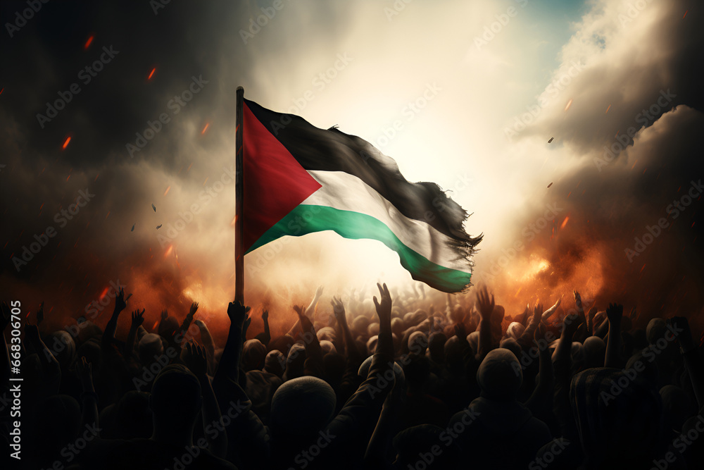 Palestinians participating in a protest demonstration while holding flags - obrazy, fototapety, plakaty 