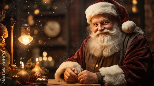 Santa Claus surrounded by warm glow of Christmas lights and decorations. Generative AI