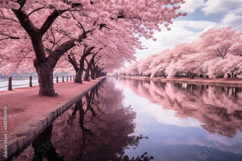 Blooming cherry blossom avenue by a serene river. © furyon