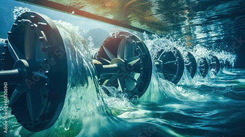 Tidal energy turbines beneath water's surface in tidal energy farm. Generative AI photo