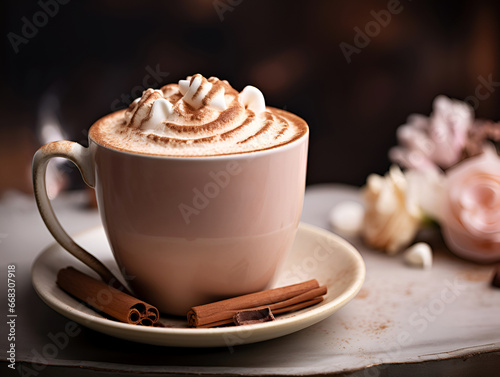 Close-up of hot chocolate with whipped cream and cinnamon sticks on a table with tender pink flowers. Warm drink made of grated or melted chocolate or cocoa powder, warmed milk or water, and sugar