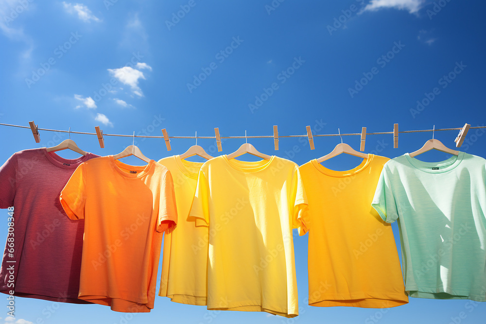 Many colourful rainbow t-shirts hung on the clothesline with clothespins for dying by sunlights.  Generative AI.