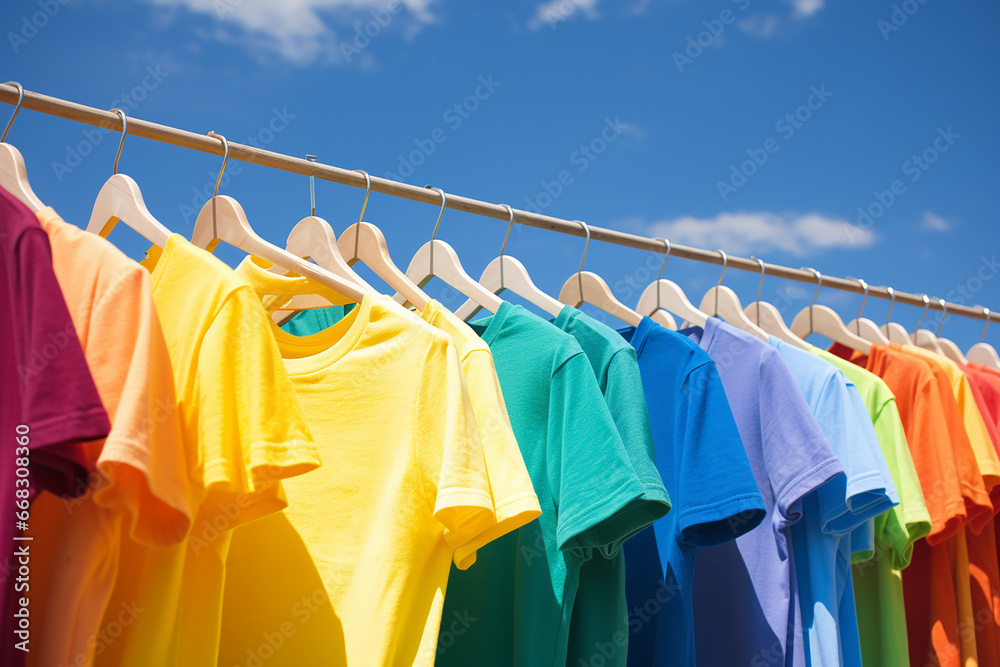 Many colourful rainbow t-shirts hung on the clothesline with clothespins for dying by sunlights.  Generative AI. - obrazy, fototapety, plakaty 