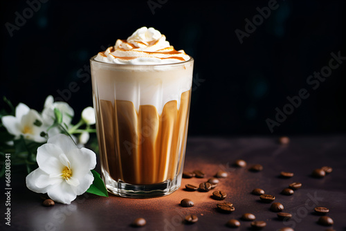 Glass of Dalgona Coffee with whipped cream and caramel on dark background with white flowers, trendy coffee drink. Coffee latte made of whipped instant coffee foam and poured into milk
