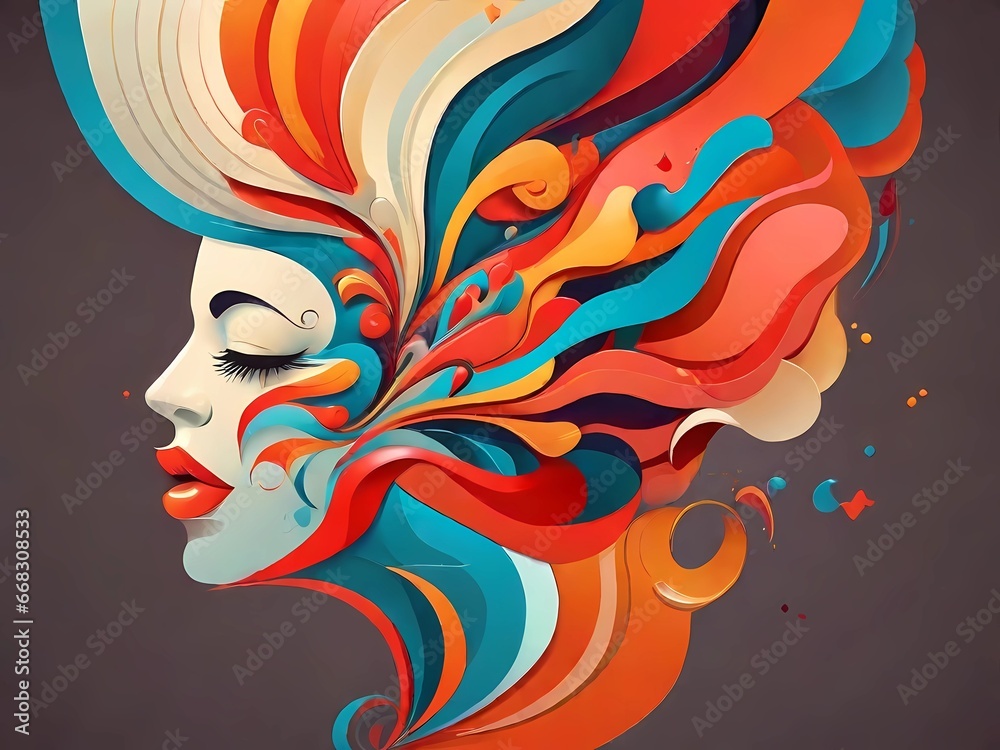 Abstract colorful woman face with flowers, generative AI