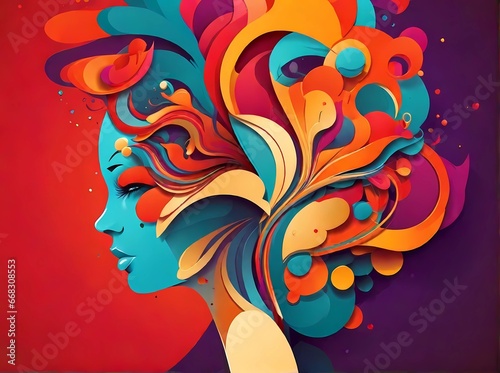 Colorful abstract floral background with woman face and flowers, generative AI