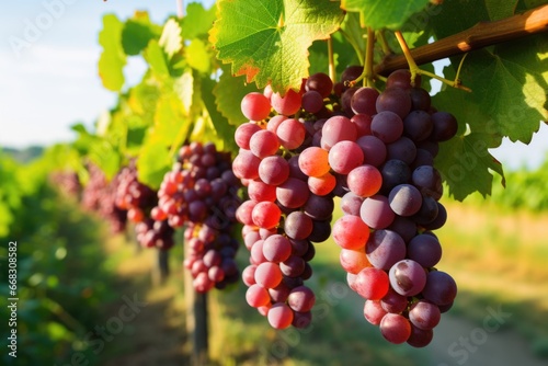 A branch of ripe grapes close-up. Vineyards at sunset. Generated by artificial intelligence
