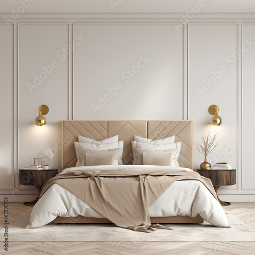 Art Deco Bedroom interior, Bedroom interior mockup, Art Deco style Bedroom mockup, empty wall mockup